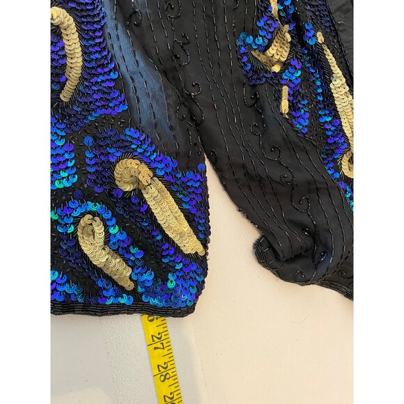 Jakelin Designs Sequin Embellished Silk Jacket Black Gold & Blue Size 2X - Picture 10 of 10